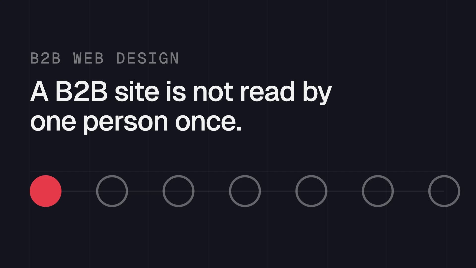 A row of seven circles, the first solid red and the remaining six hollow, joined by a thin rule, beneath the line: a B2B site is not read by one person once.