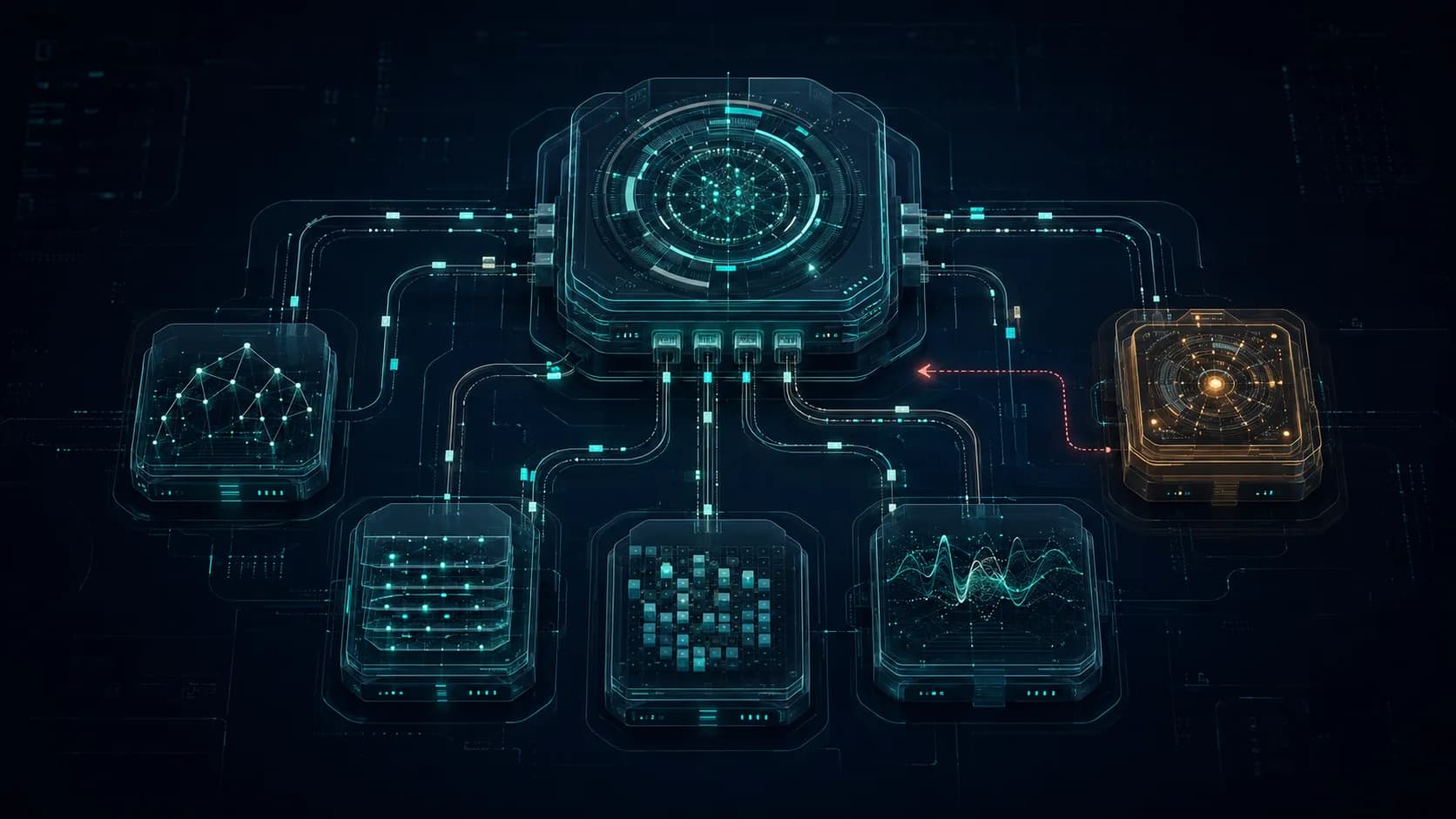 Diagram-style illustration of one AI model orchestrating a workforce of other models