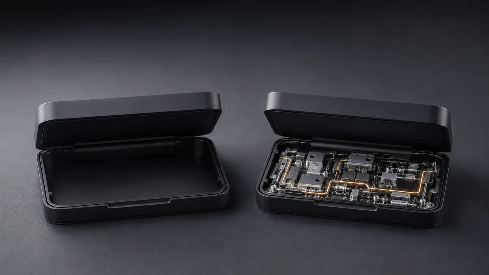 Two identical device casings side by side, one empty and one revealing a precisely built interior, representing a snapshot clone versus a real HighLevel build