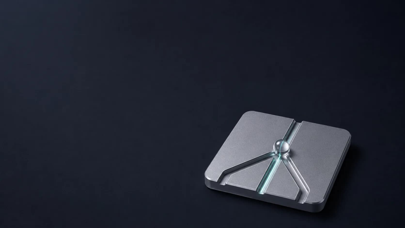 A glass sphere at a machined aluminum fork with one lit path, representing a lead routed to the right owner