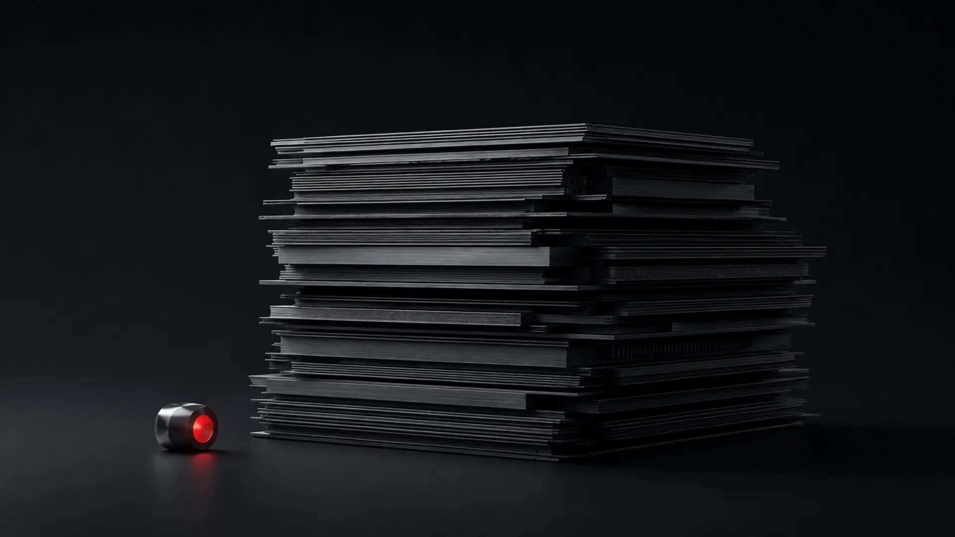 A small red-lit agent object dwarfed by a massive stack of dark governance documents.