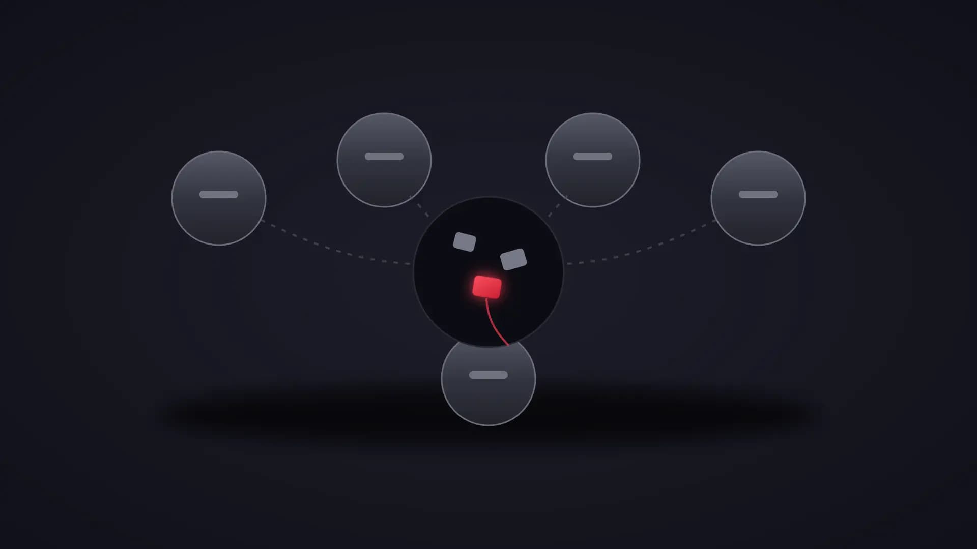 Five disconnected system nodes surrounding a dark gap where a red work item is falling out of view.