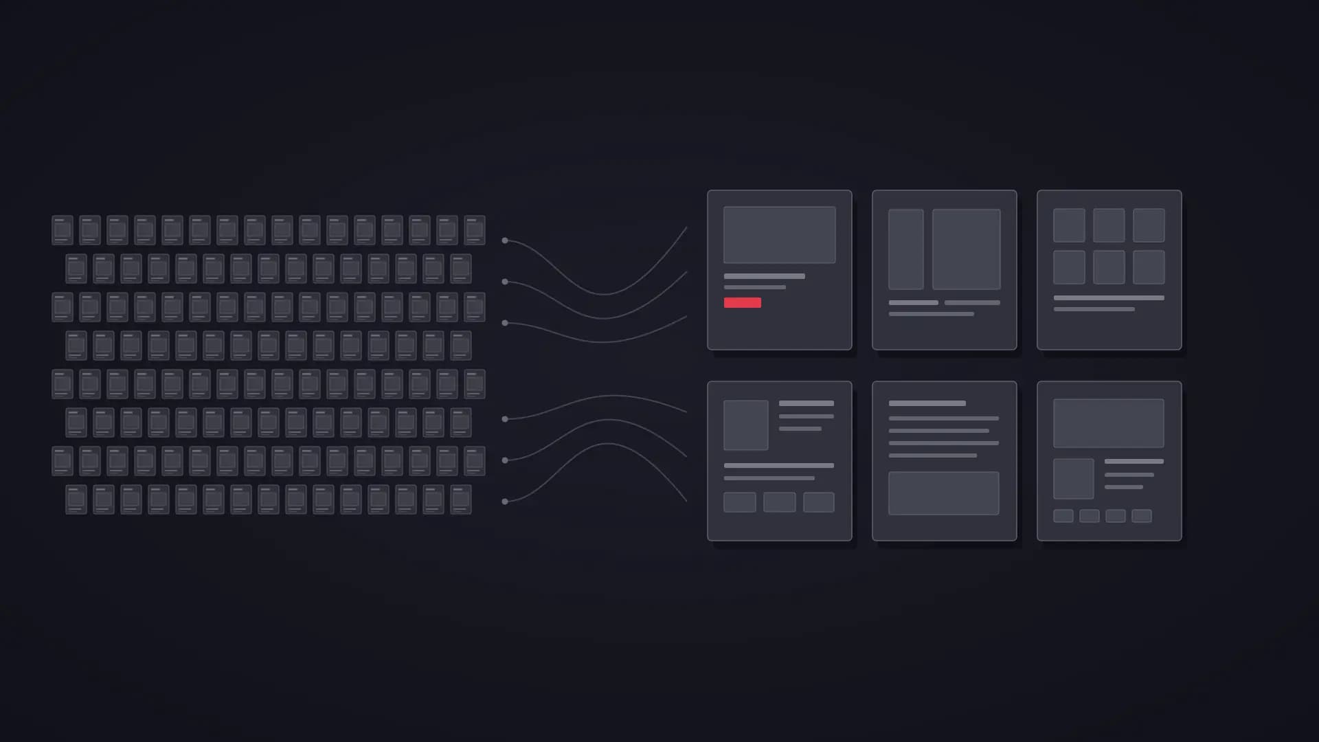 Roughly 120 identical page thumbnails on the left resolving through flow lines into six distinct page templates on the right, one outlined in red.